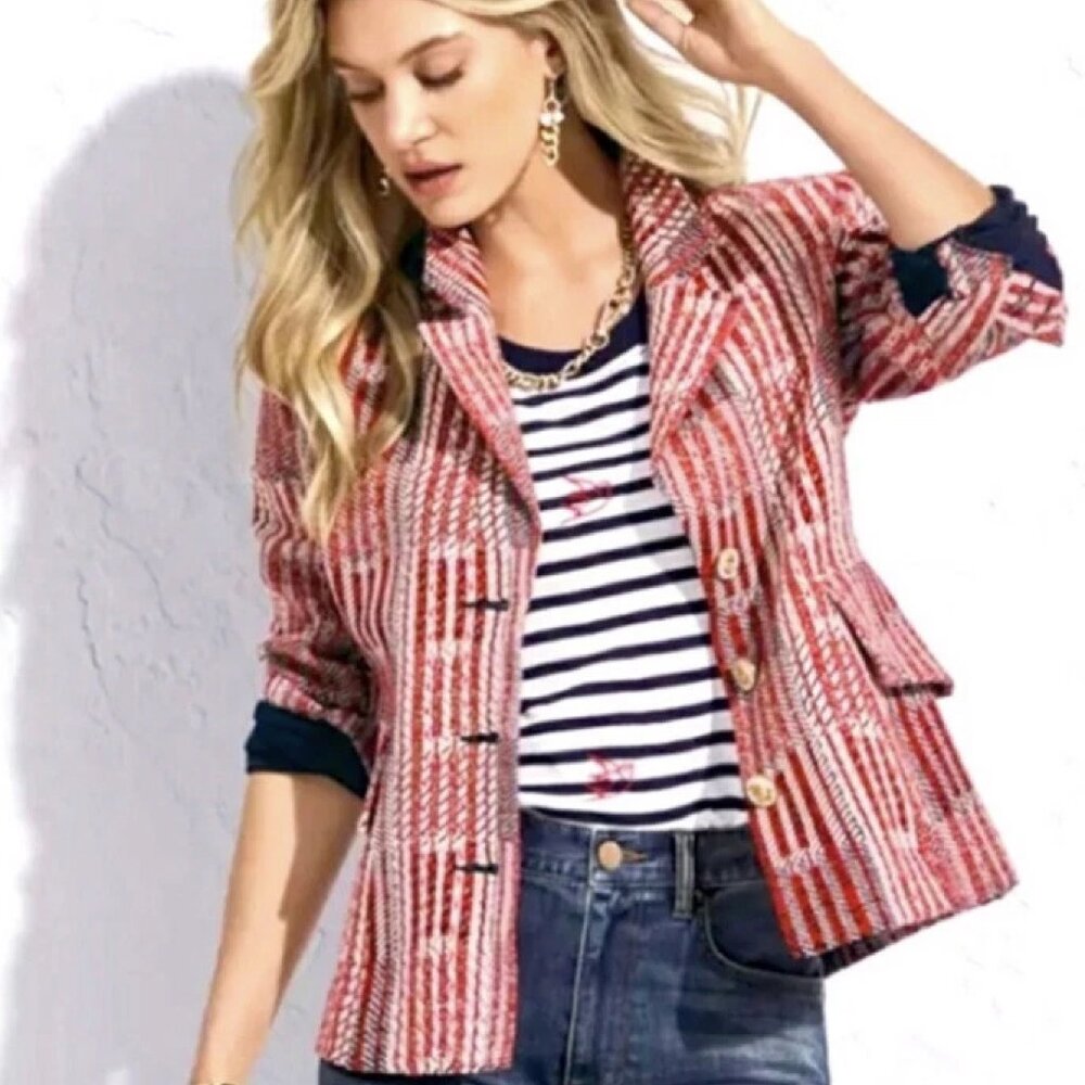 CAbi Red Patchwork Blazer Medium—Tweed, Anchor Buttons, Structured Fit